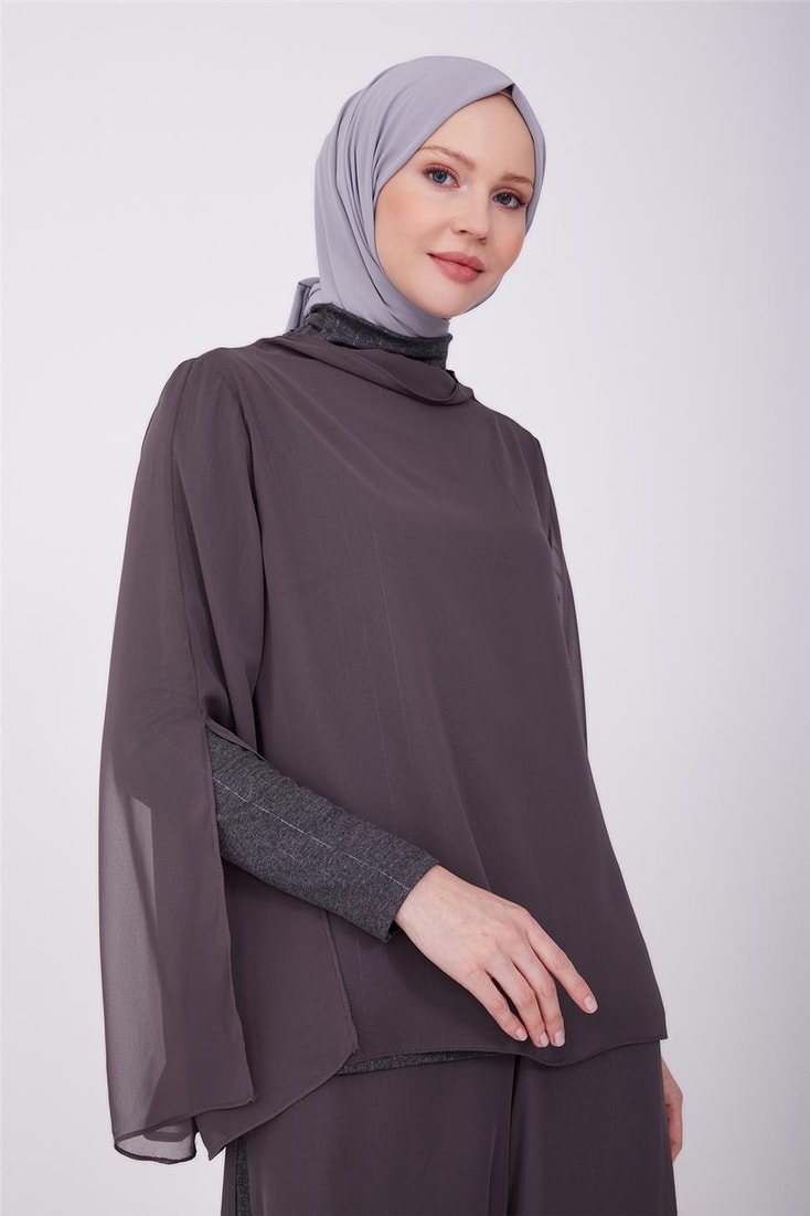 Armine İçi Örme Detaylı Şifonlu Şık Takım 23Y6633 Antrasit