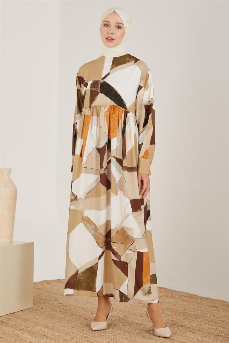 Armine Naturel Geometrik Desenli Elbise 23Y9648 Bej
