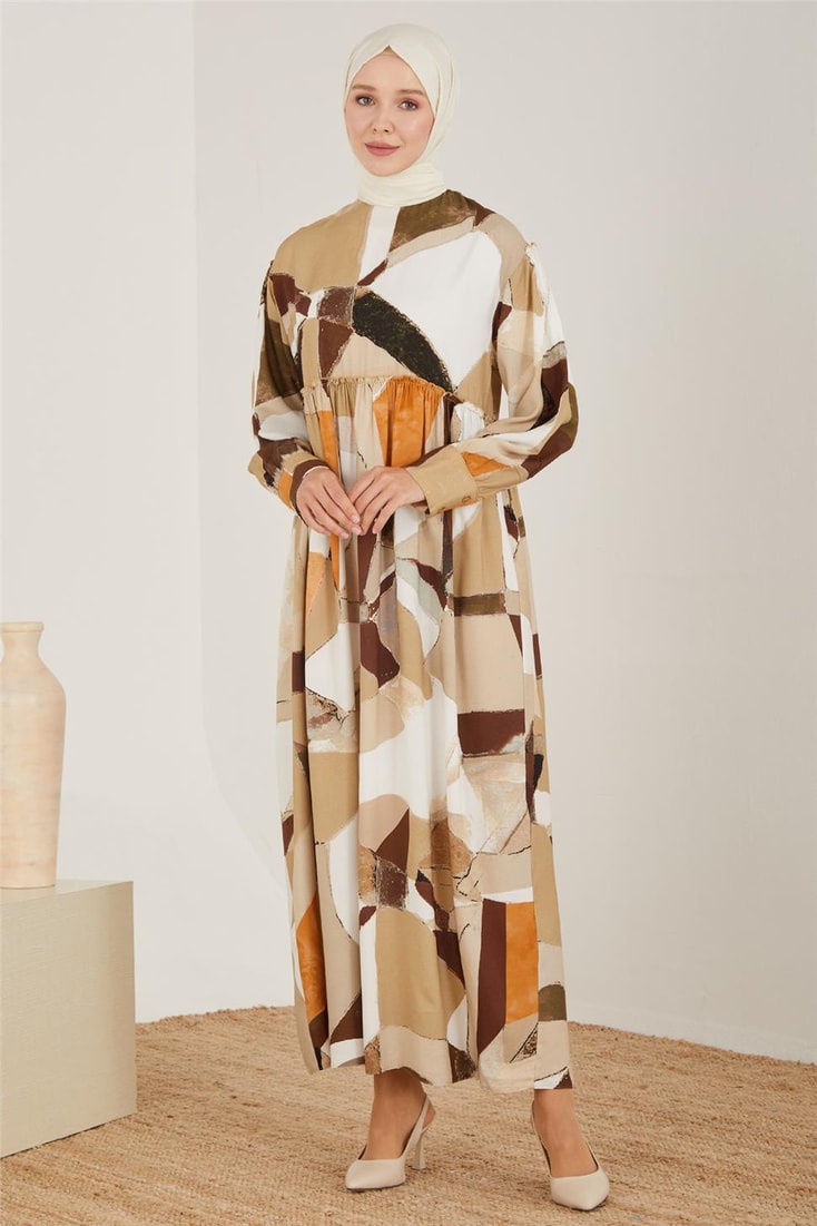 Armine Naturel Geometrik Desenli Elbise 23Y9648 Bej