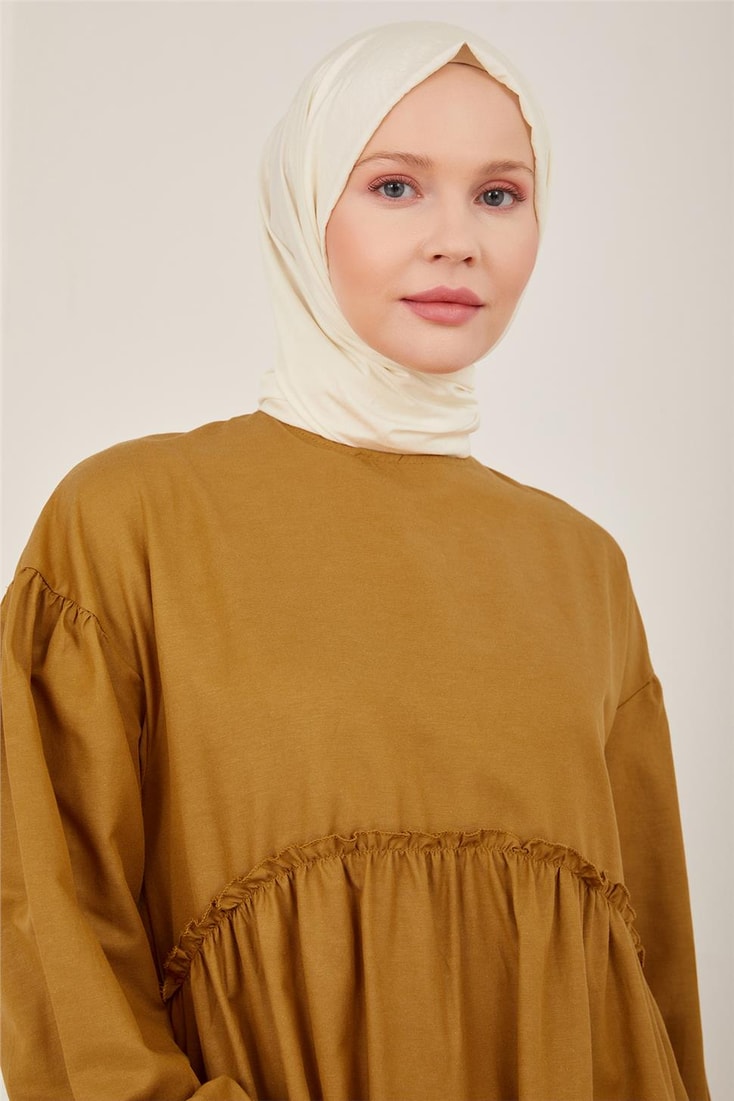 Armine Beli Ve Kolu Fırfırlı Pamuk Elbise 23Y9651 Çikolata