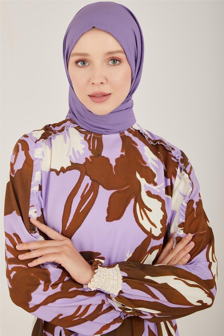 Armine Fırfırlı Desenli Viskon Elbise 23Y9669 Lavanta