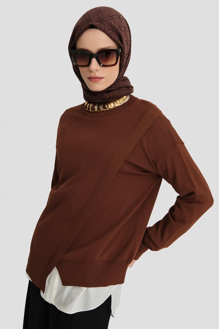  Armine Aller Detaylı Triko Kazak 24KD2005 Kızıl Kahve