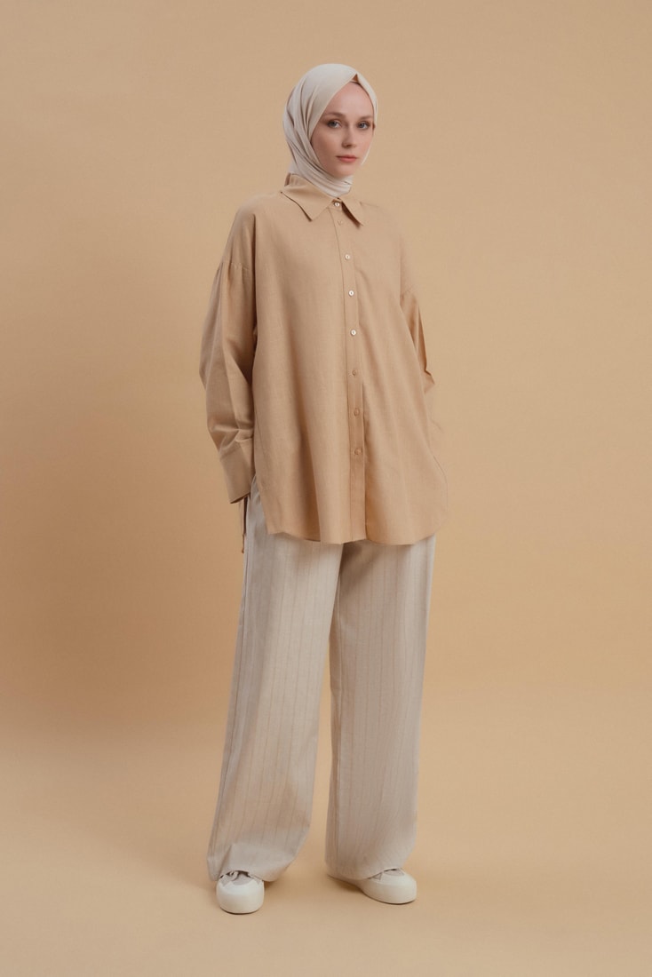 Armine Striped Textured Casual Trousers 24Y2629 Beige