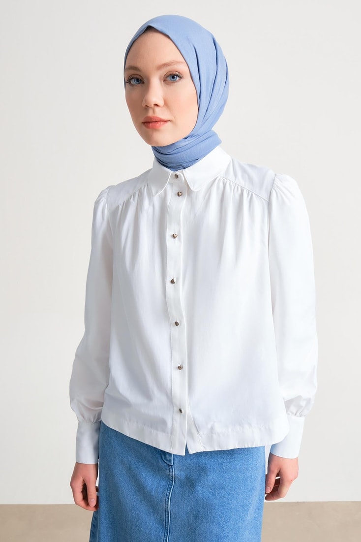 Armine Kalp Düğmeli Pamuk Gömlek 24Y3507 Beyaz