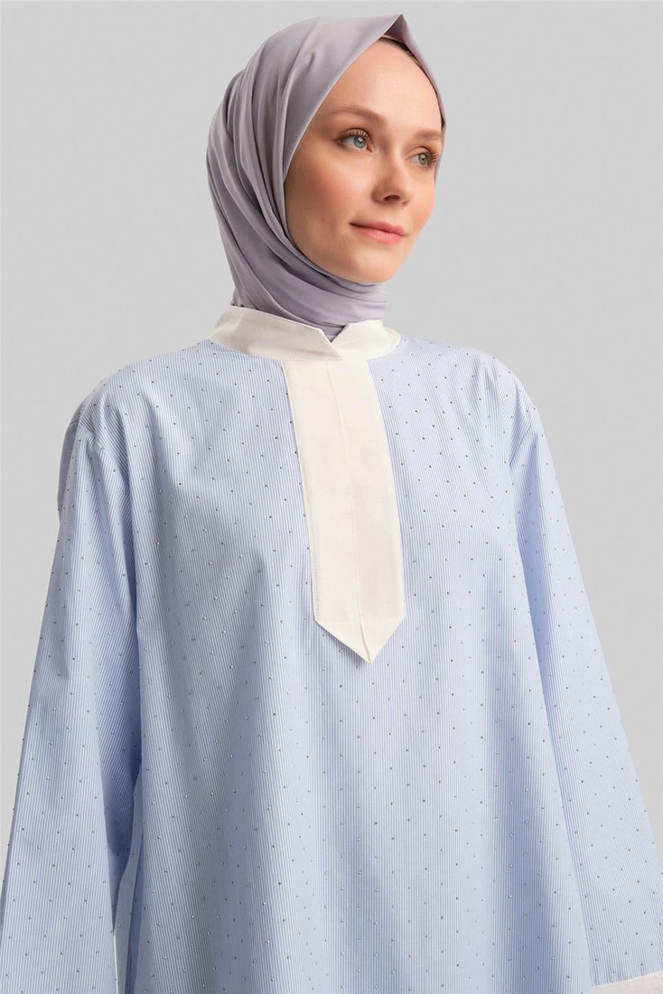 Armine Grogrenli Ve Taşlı Çizgili Gömlek 24Y3556 Mavi