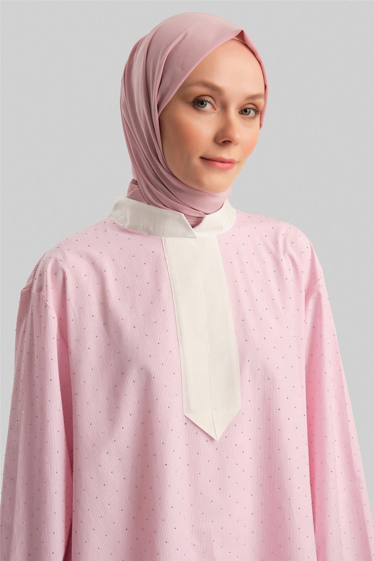 Armine Grogrenli Ve Taşlı Çizgili Gömlek 24Y3556 Pembe