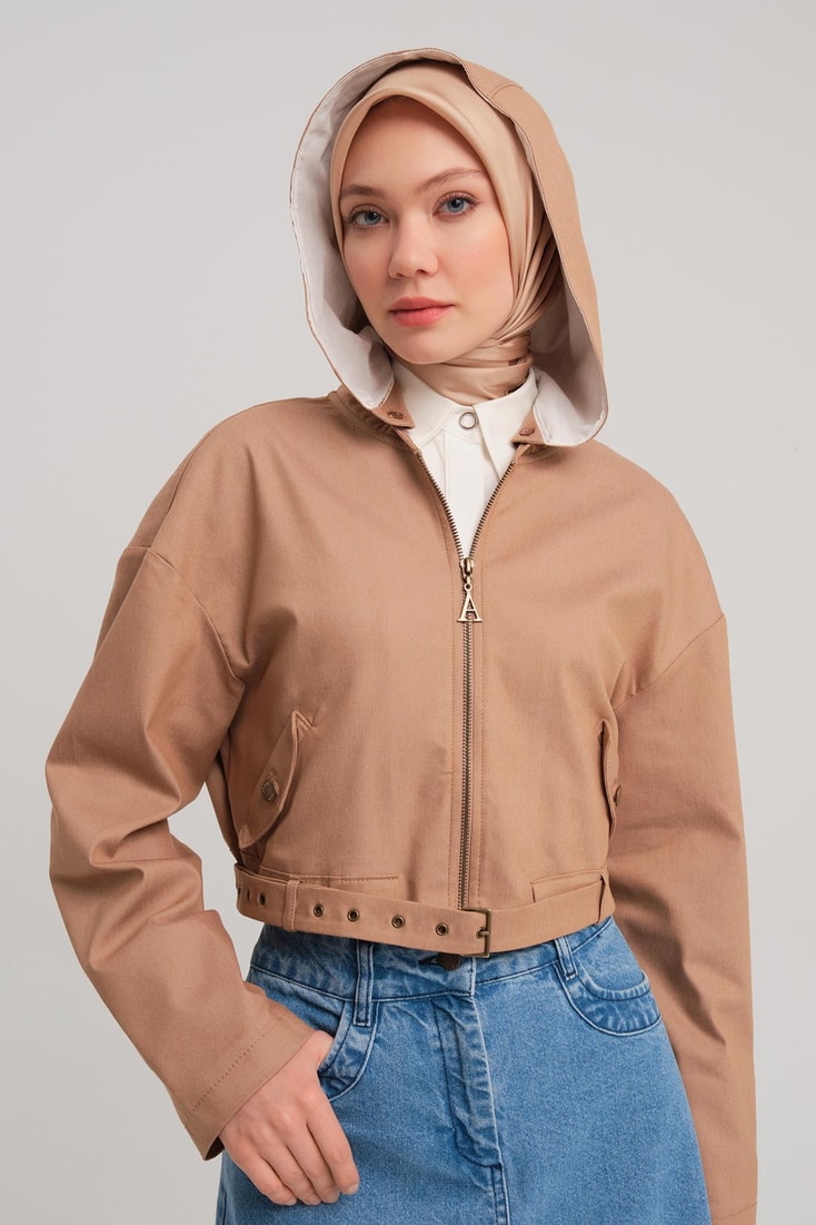 Armine Removable Hooded and Belted Cotton Jacket 24Y5406 Camel