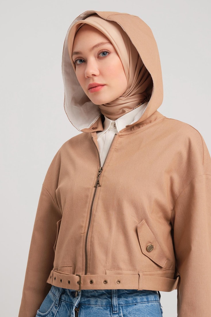 Armine Removable Hooded and Belted Cotton Jacket 24Y5406 Camel