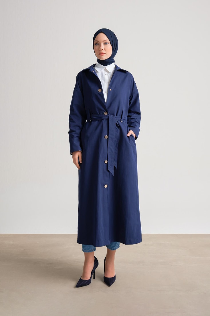Armine Faux Detail Trench Coat 4Y8700 Navy Blue