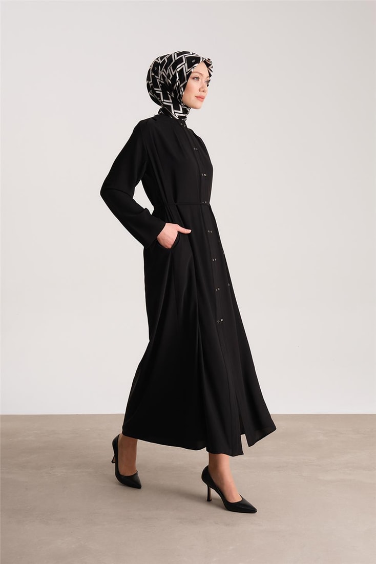 Armine Double Buttoned and Pleated Abaya 24Y8803 Black