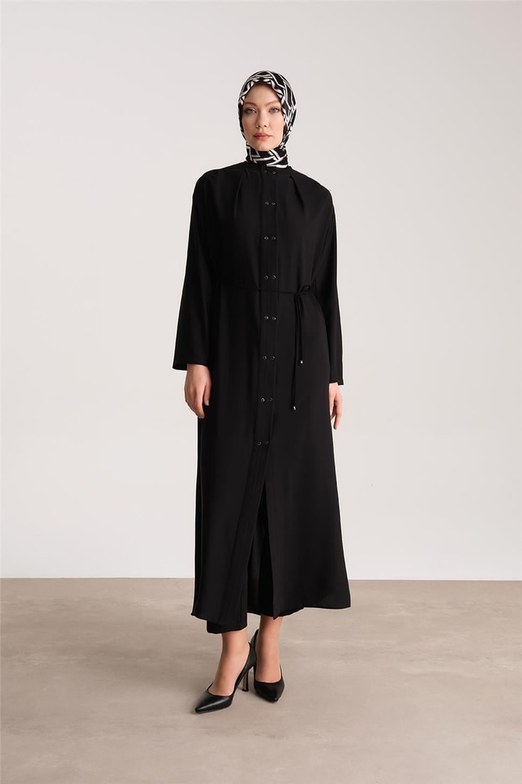 Armine Double Buttoned and Pleated Abaya 24Y8803 Black