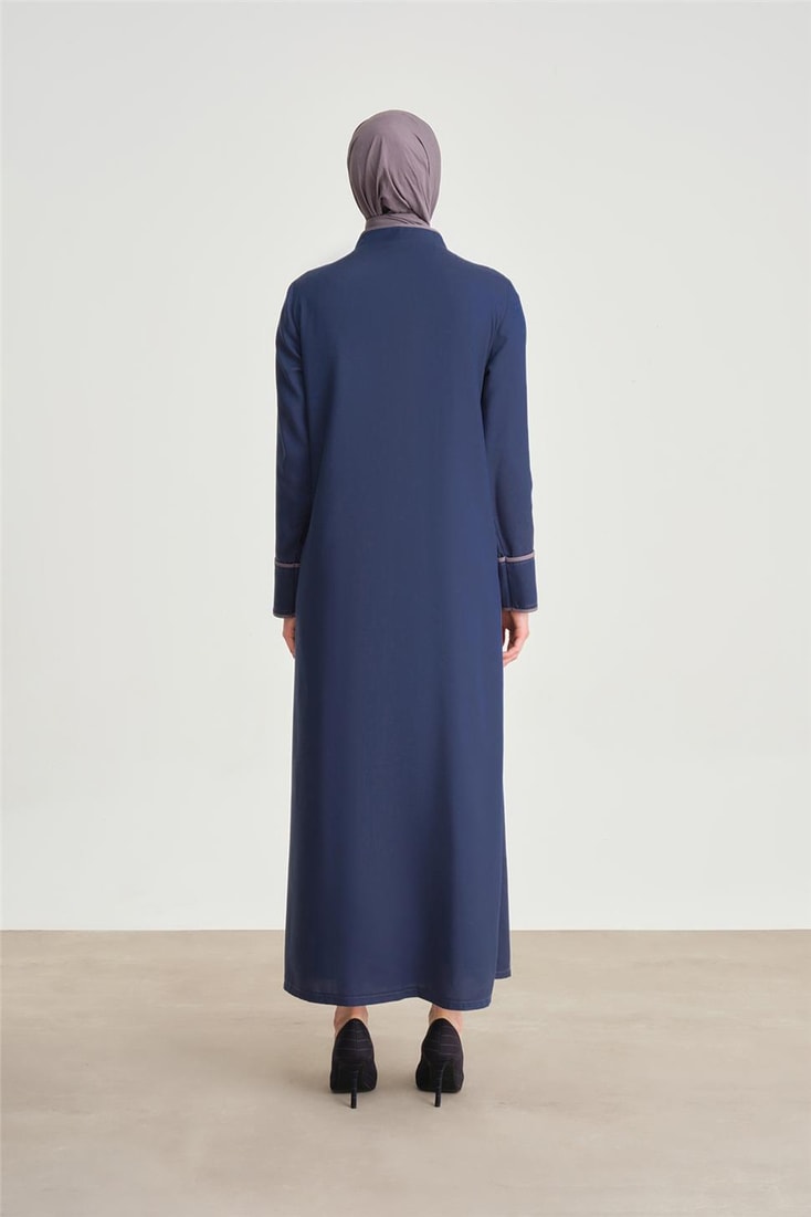 Armine Piping and Button Detailed Tencel Abaya 24Y8804 Navy Blue