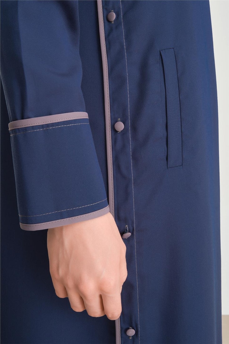 Armine Piping and Button Detailed Tencel Abaya 24Y8804 Navy Blue
