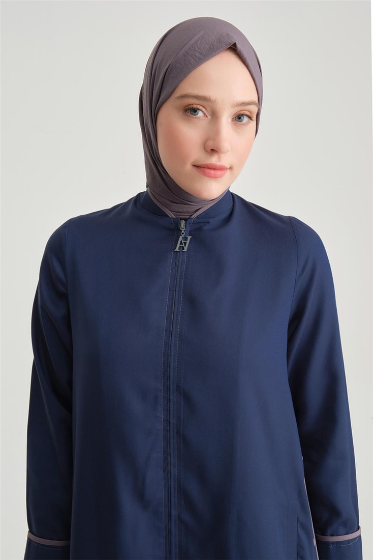 Armine Piping and Button Detailed Tencel Abaya 24Y8804 Navy Blue
