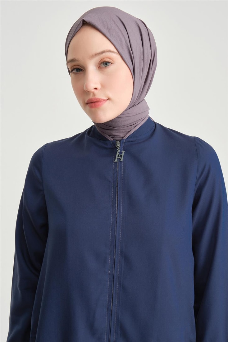 Armine Piping and Button Detailed Tencel Abaya 24Y8804 Navy Blue