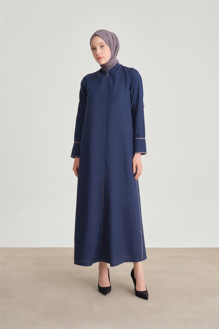 Armine Piping and Button Detailed Tencel Abaya 24Y8804 Navy Blue