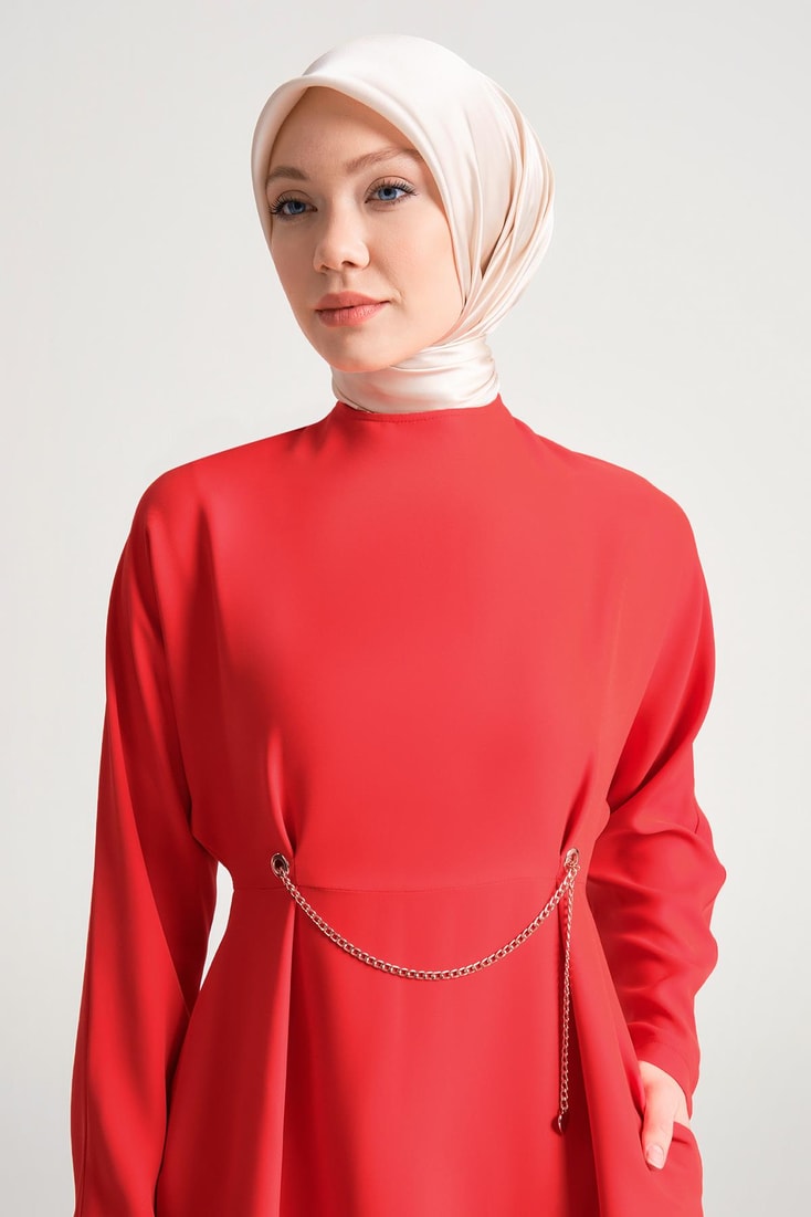 Armine Altın Zincirli Şık Elbise 24Y9800 Kırmızı