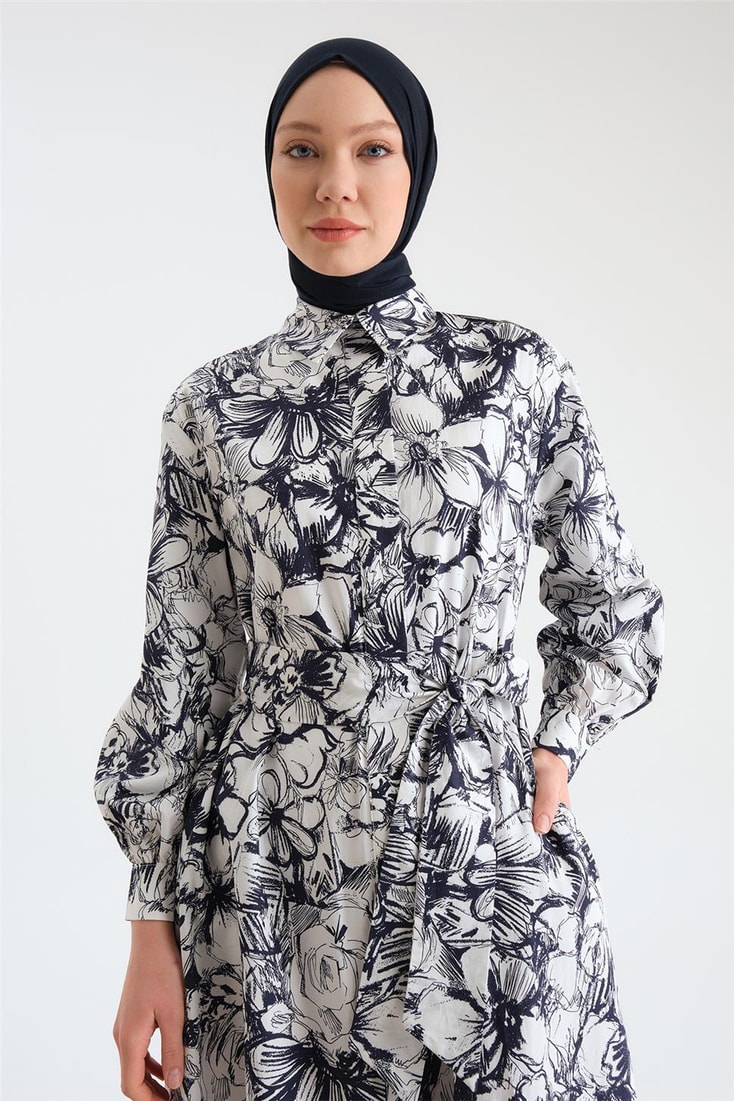Armine Waist Tied Patterned Dress 24Y9840 Navy Blue