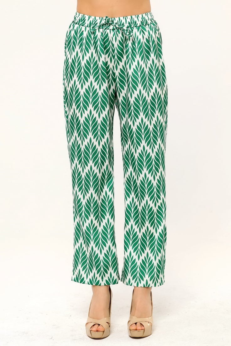 Leaf Patterned Satin Green Trousers with Elastic Waist and Rope Detail and Pipe Leg Prints