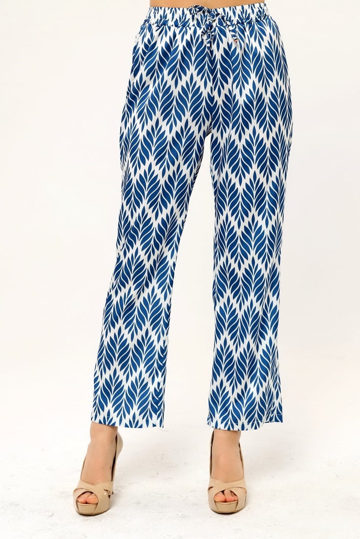 Leaf Patterned Satin İndigo Trousers with Elastic Waist and Rope Detail and Pipe Leg Prints