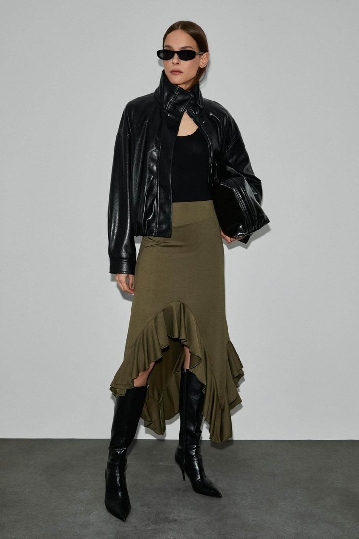 ADOBRE Kadın Esnek Kumaşlı Asimetrik Kesimli Haki Etek