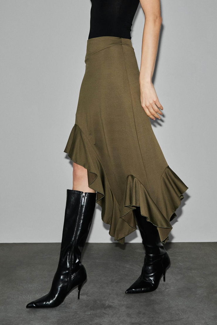ADOBRE Kadın Esnek Kumaşlı Asimetrik Kesimli Haki Etek