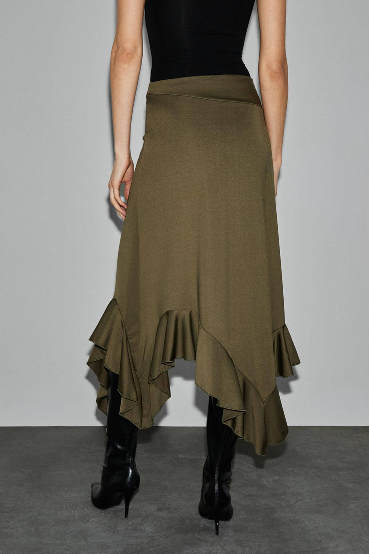 ADOBRE Kadın Esnek Kumaşlı Asimetrik Kesimli Haki Etek
