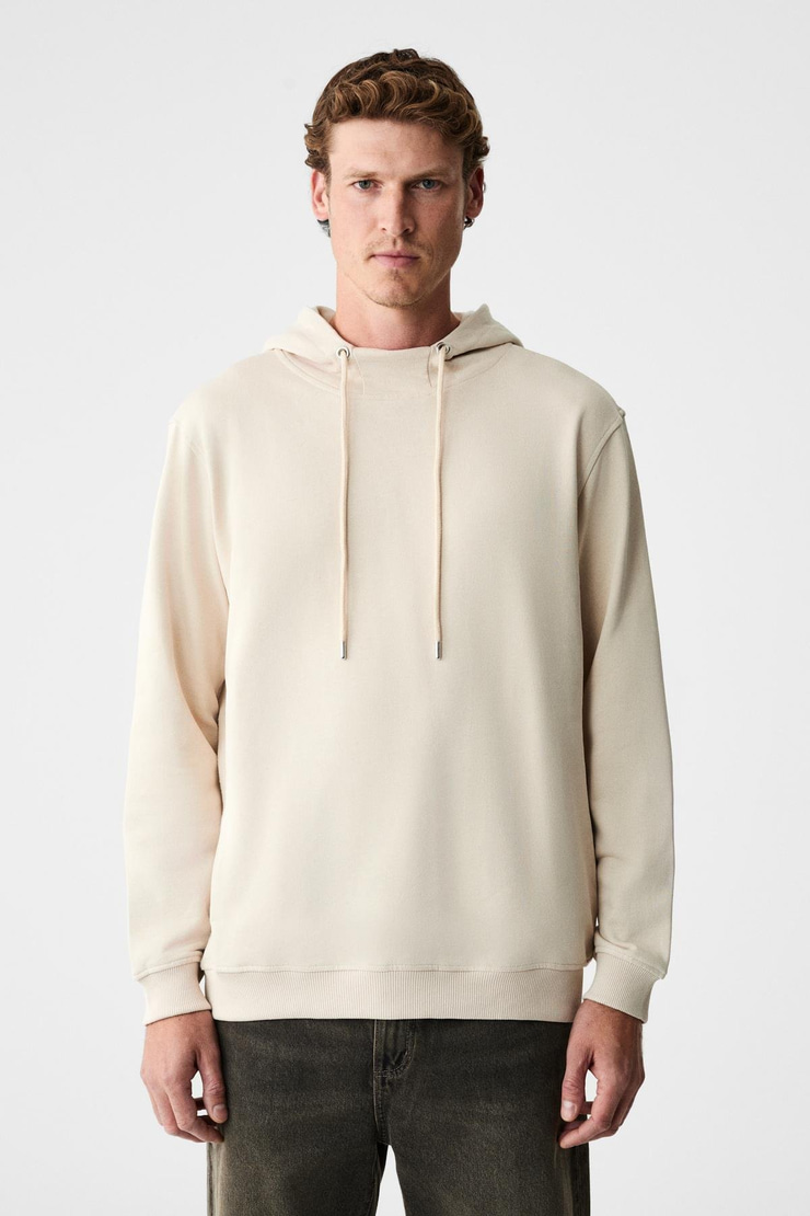 ALESSIO Erkek %100 Pamuk Kapüşonlu Kordon Detaylı Oversize Fit Bej Sweatshirt