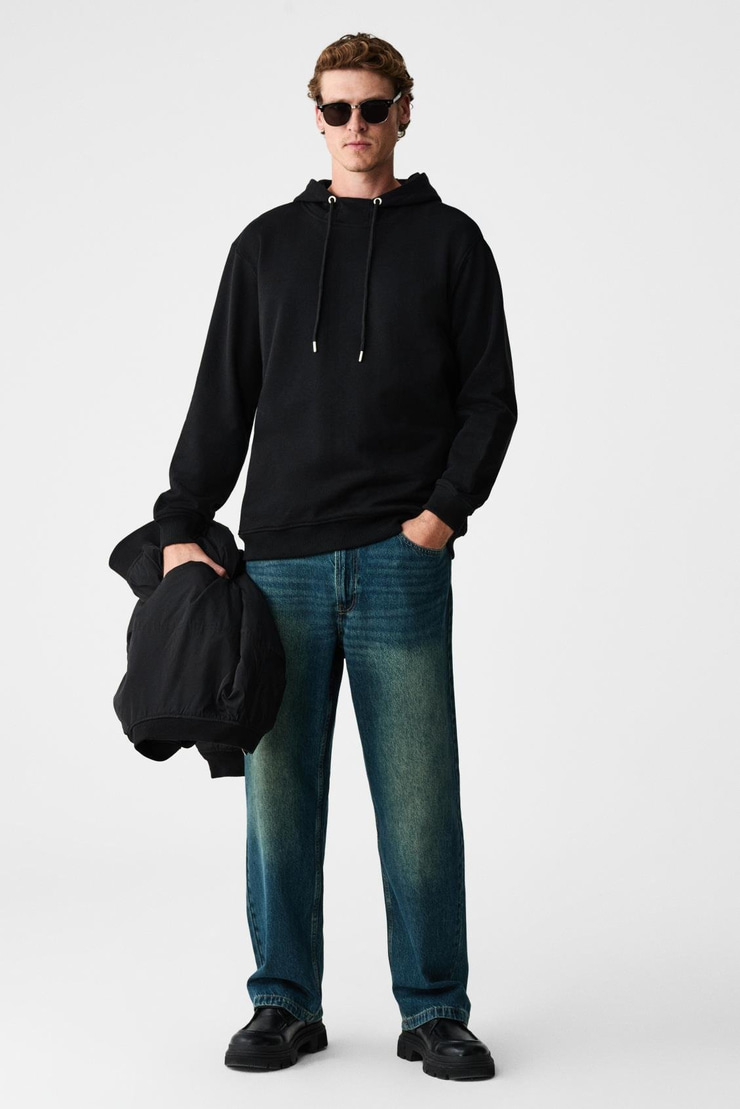 ALESSIO Erkek %100 Pamuk Kapüşonlu Kordon Detaylı Oversize Fit Siyah Sweatshirt