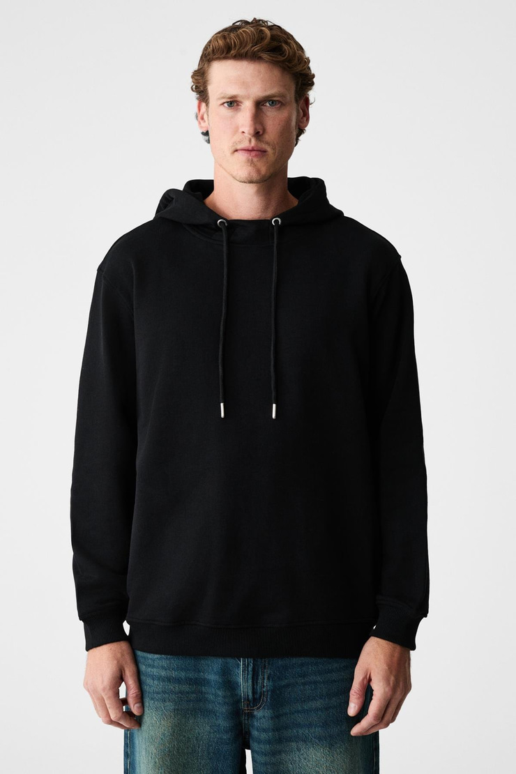 ALESSIO Erkek %100 Pamuk Kapüşonlu Kordon Detaylı Oversize Fit Siyah Sweatshirt