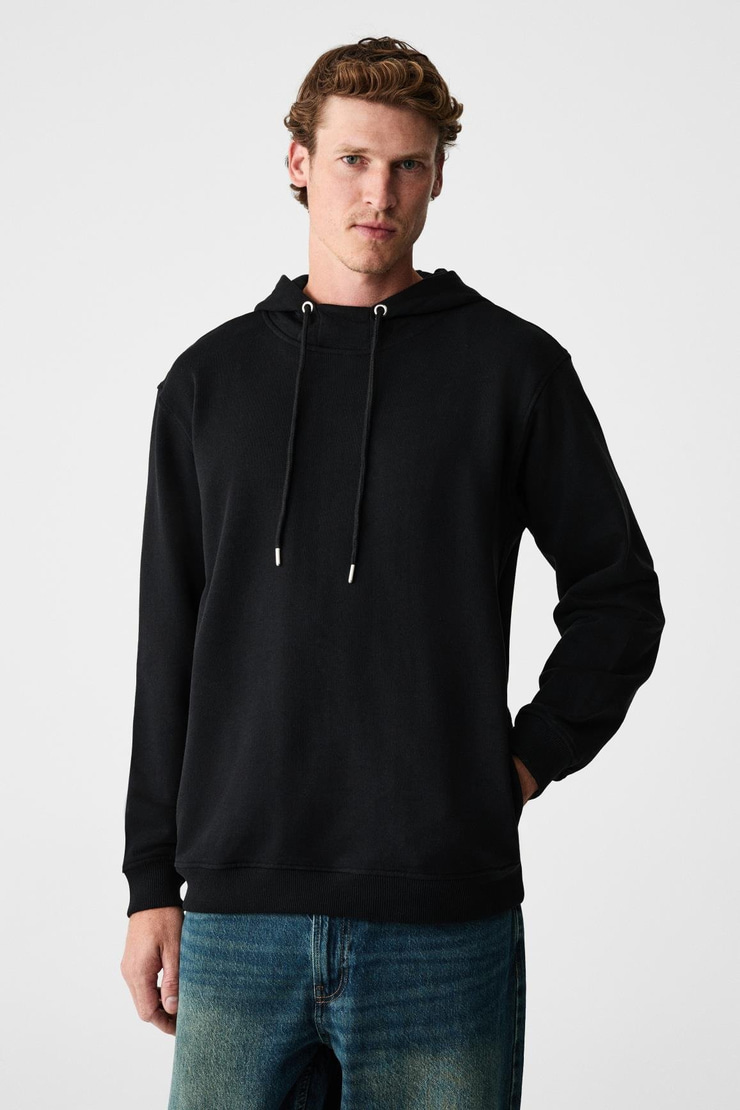 ALESSIO Erkek %100 Pamuk Kapüşonlu Kordon Detaylı Oversize Fit Siyah Sweatshirt