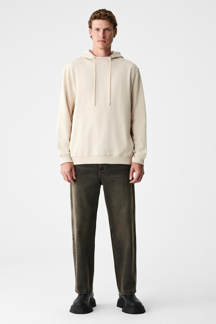 ALESSIO Erkek %100 Pamuk Kapüşonlu Kordon Detaylı Oversize Fit Bej Sweatshirt