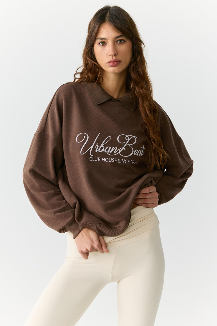 ALEXIA Kadın Triko Gömlek Yakalı Baskı Detaylı Relaxed Kahverengi Sweatshirt