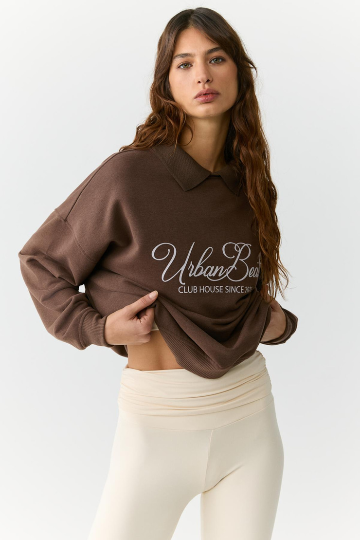 ALEXIA Kadın Triko Gömlek Yakalı Baskı Detaylı Relaxed Kahverengi Sweatshirt