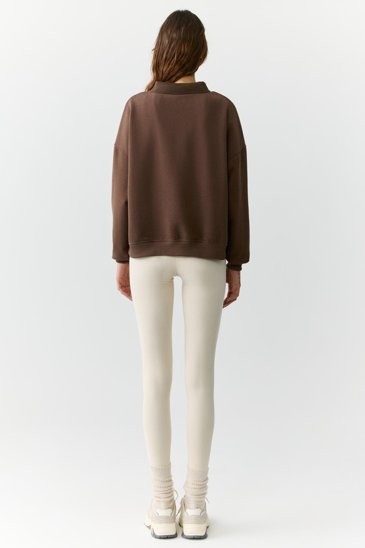 ALEXIA Kadın Triko Gömlek Yakalı Baskı Detaylı Relaxed Kahverengi Sweatshirt