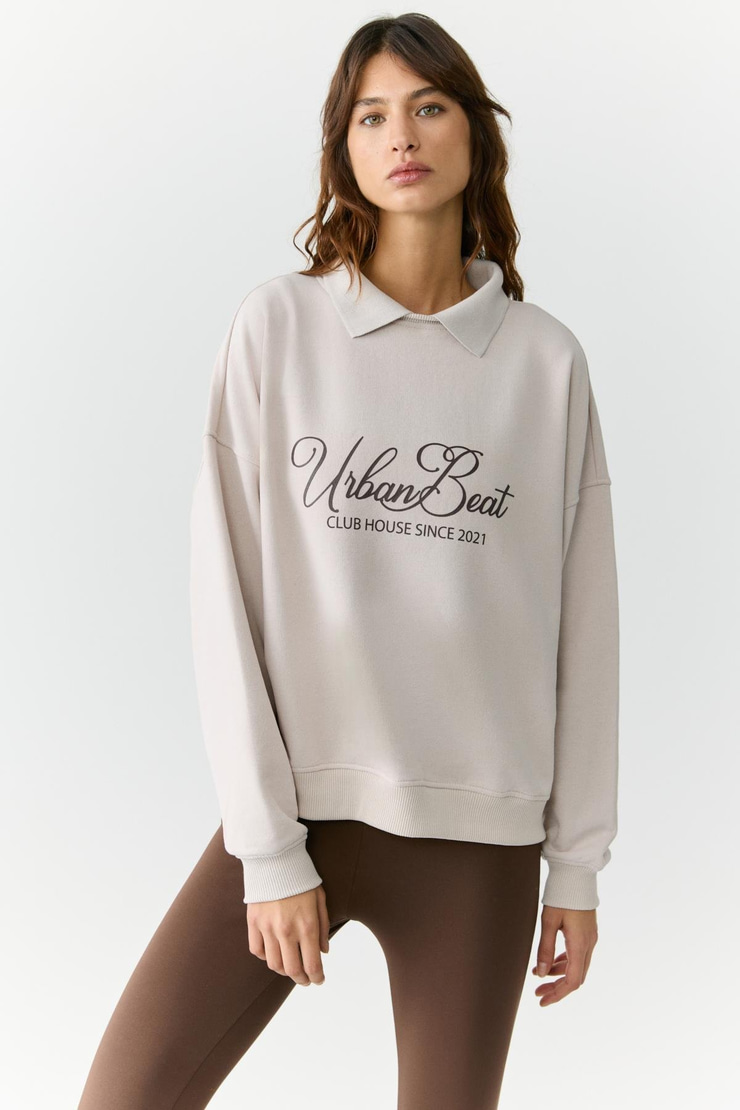 ALEXIA Kadın Triko Gömlek Yakalı Baskı Detaylı Relaxed Taş Rengi Sweatshirt