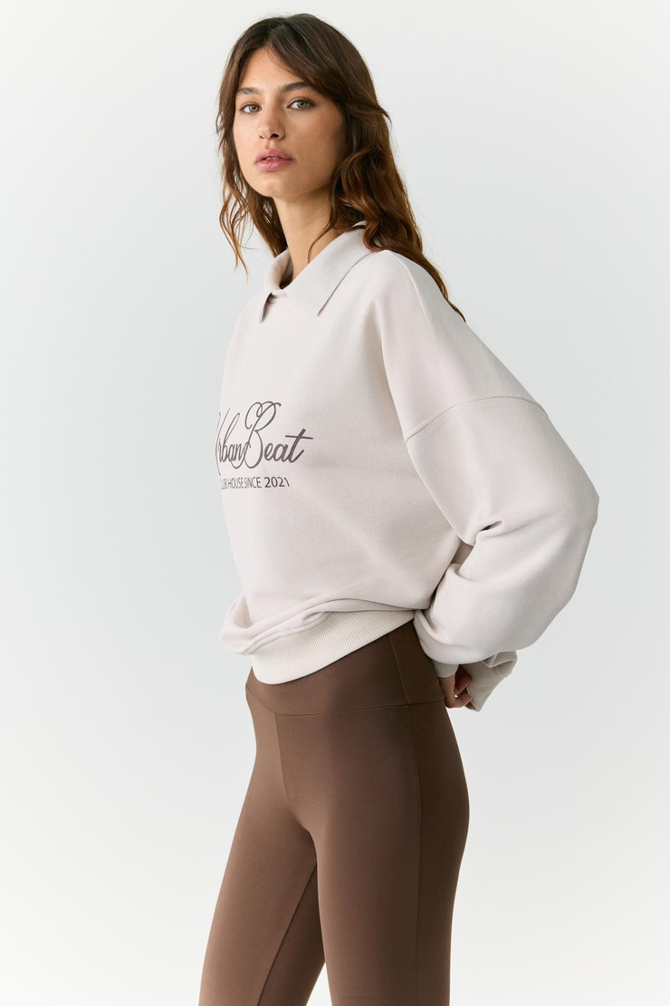 ALEXIA Kadın Triko Gömlek Yakalı Baskı Detaylı Relaxed Taş Rengi Sweatshirt