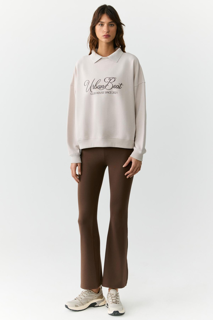 ALEXIA Kadın Triko Gömlek Yakalı Baskı Detaylı Relaxed Taş Rengi Sweatshirt