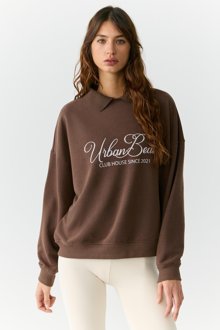 ALEXIA Kadın Triko Gömlek Yakalı Baskı Detaylı Relaxed Kahverengi Sweatshirt