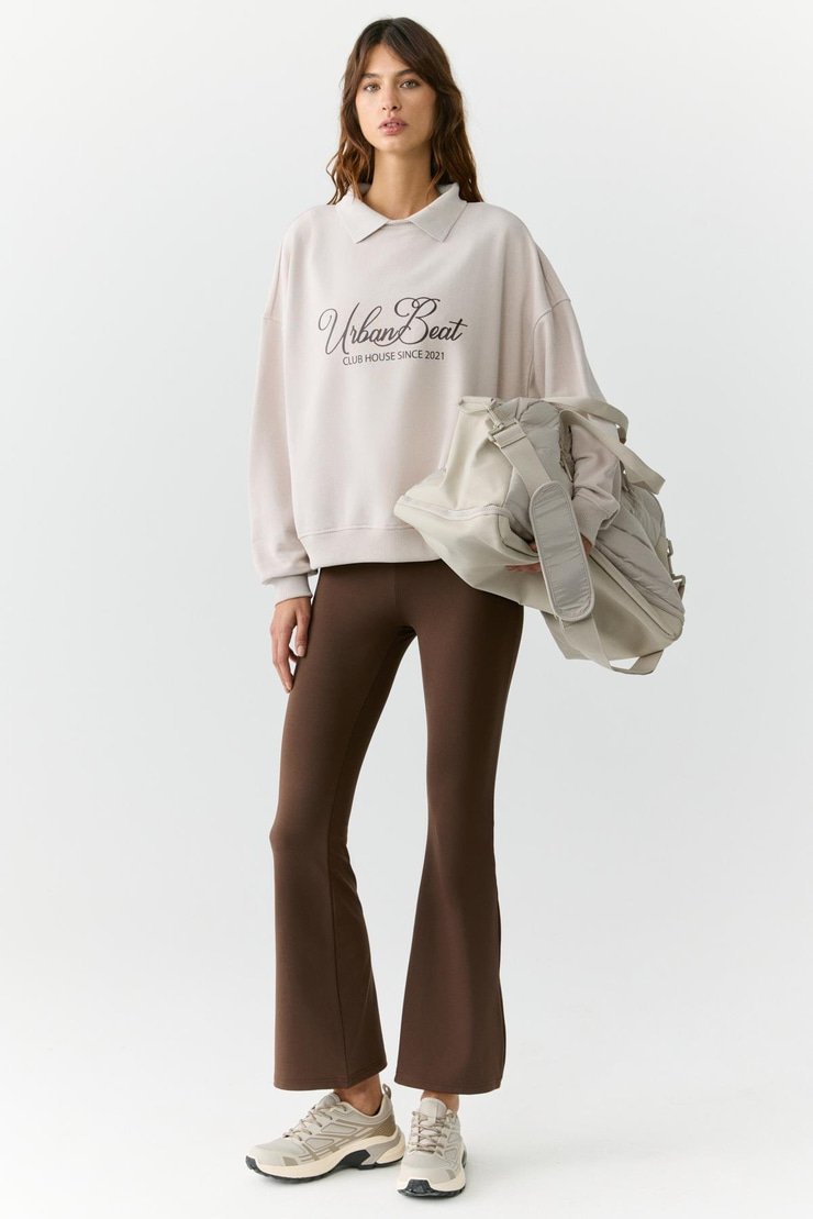 ALEXIA Kadın Triko Gömlek Yakalı Baskı Detaylı Relaxed Taş Rengi Sweatshirt