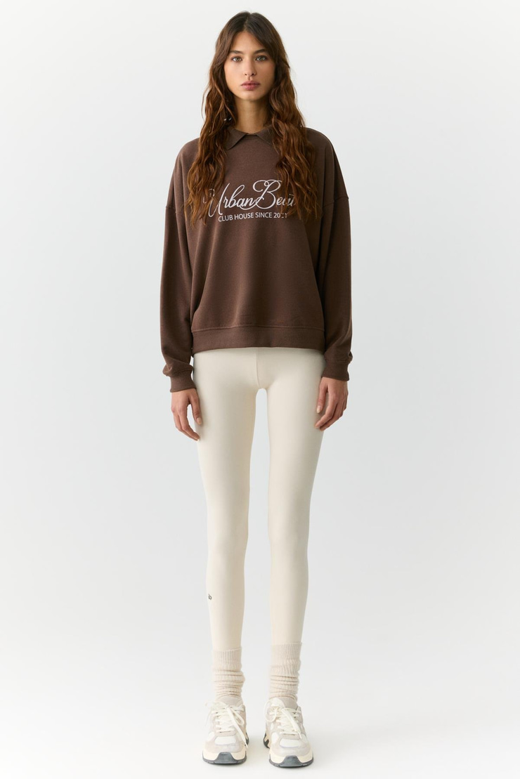 ALEXIA Kadın Triko Gömlek Yakalı Baskı Detaylı Relaxed Kahverengi Sweatshirt