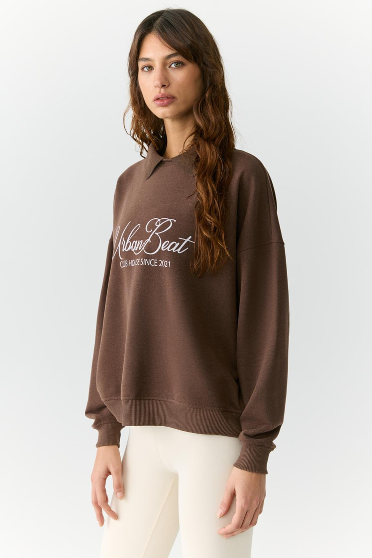 ALEXIA Kadın Triko Gömlek Yakalı Baskı Detaylı Relaxed Kahverengi Sweatshirt