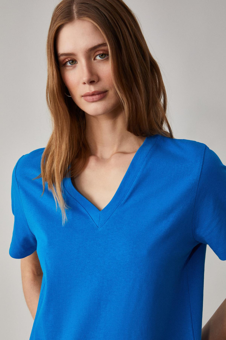 ALINE Kadın %100 organik Pamuk Derin V Yakalı Comfort Fit Parlament Mavi T-Shirt