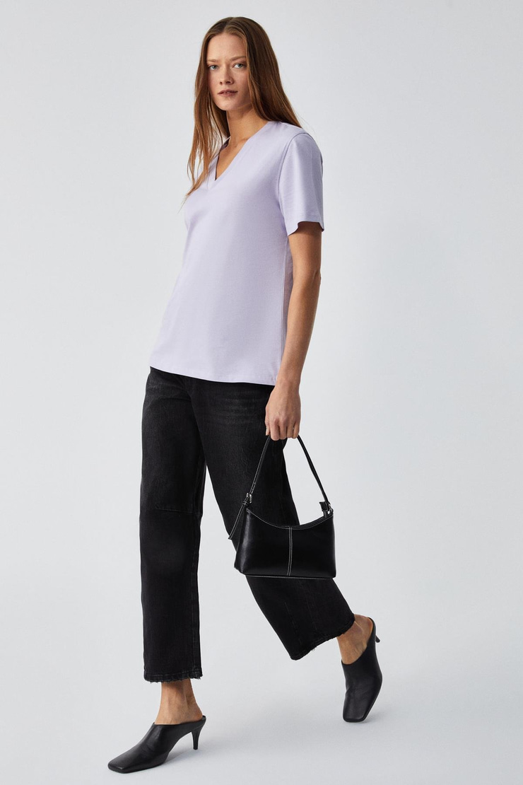 ALINE Kadın %100 organik Pamuk Derin V Yakalı Comfort Fit Lila T-Shirt