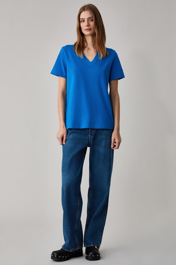 ALINE Kadın %100 organik Pamuk Derin V Yakalı Comfort Fit Parlament Mavi T-Shirt