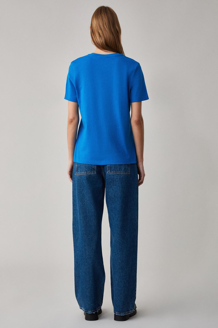 ALINE Kadın %100 organik Pamuk Derin V Yakalı Comfort Fit Parlament Mavi T-Shirt