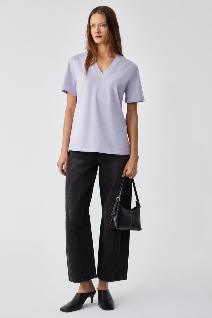 ALINE Kadın %100 organik Pamuk Derin V Yakalı Comfort Fit Lila T-Shirt