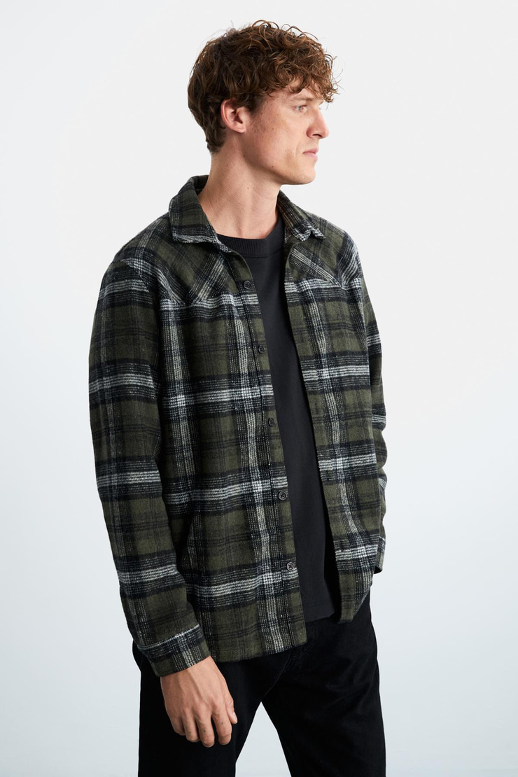 Allenı Erkek Gömlek Yaka Relaxed Fit Düğme Detaylı Sıcak Tutan Oduncu Haki Gömlek