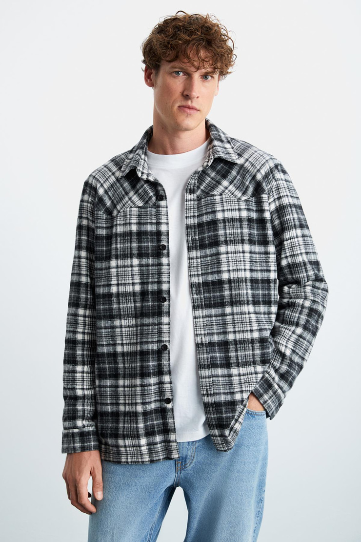 Allenı Erkek Gömlek Yaka Relaxed Fit Düğme Detaylı Sıcak Tutan Oduncu Siyah Gömlek