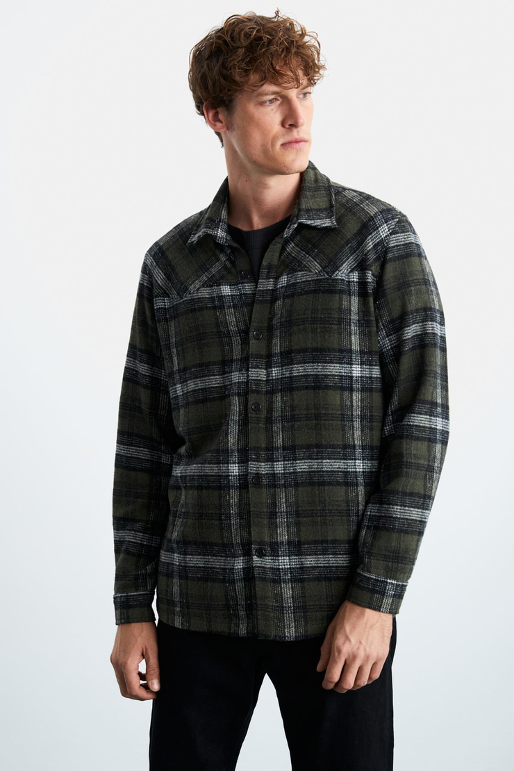 Allenı Erkek Gömlek Yaka Relaxed Fit Düğme Detaylı Sıcak Tutan Oduncu Haki Gömlek